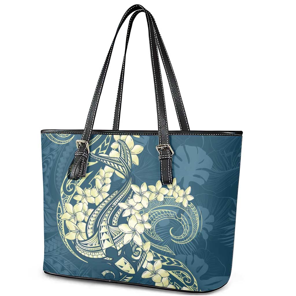 Cyan Polynesia Hammerhead Shark Tattoo With Plumeria Lei Leather Tote Bag LT14 - Polynesian Pride