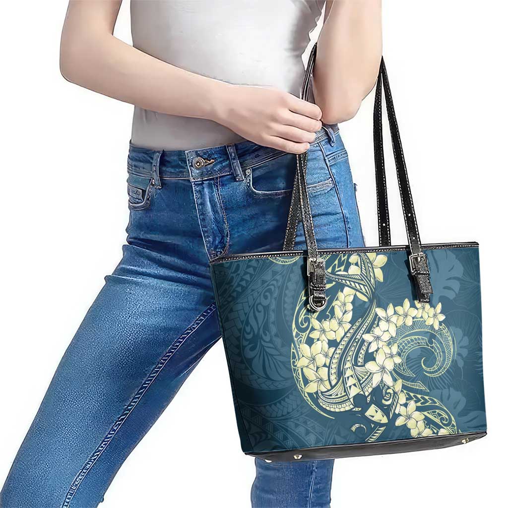 Cyan Polynesia Hammerhead Shark Tattoo With Plumeria Lei Leather Tote Bag LT14 - Polynesian Pride