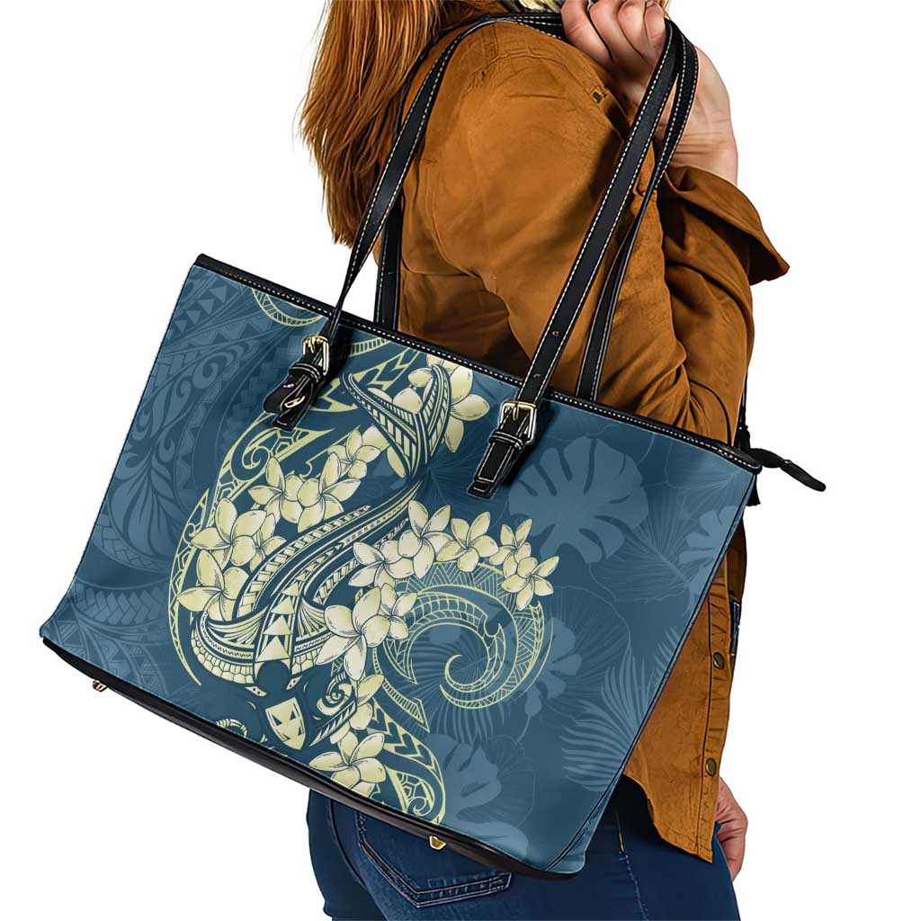 Cyan Polynesia Hammerhead Shark Tattoo With Plumeria Lei Leather Tote Bag LT14 - Polynesian Pride