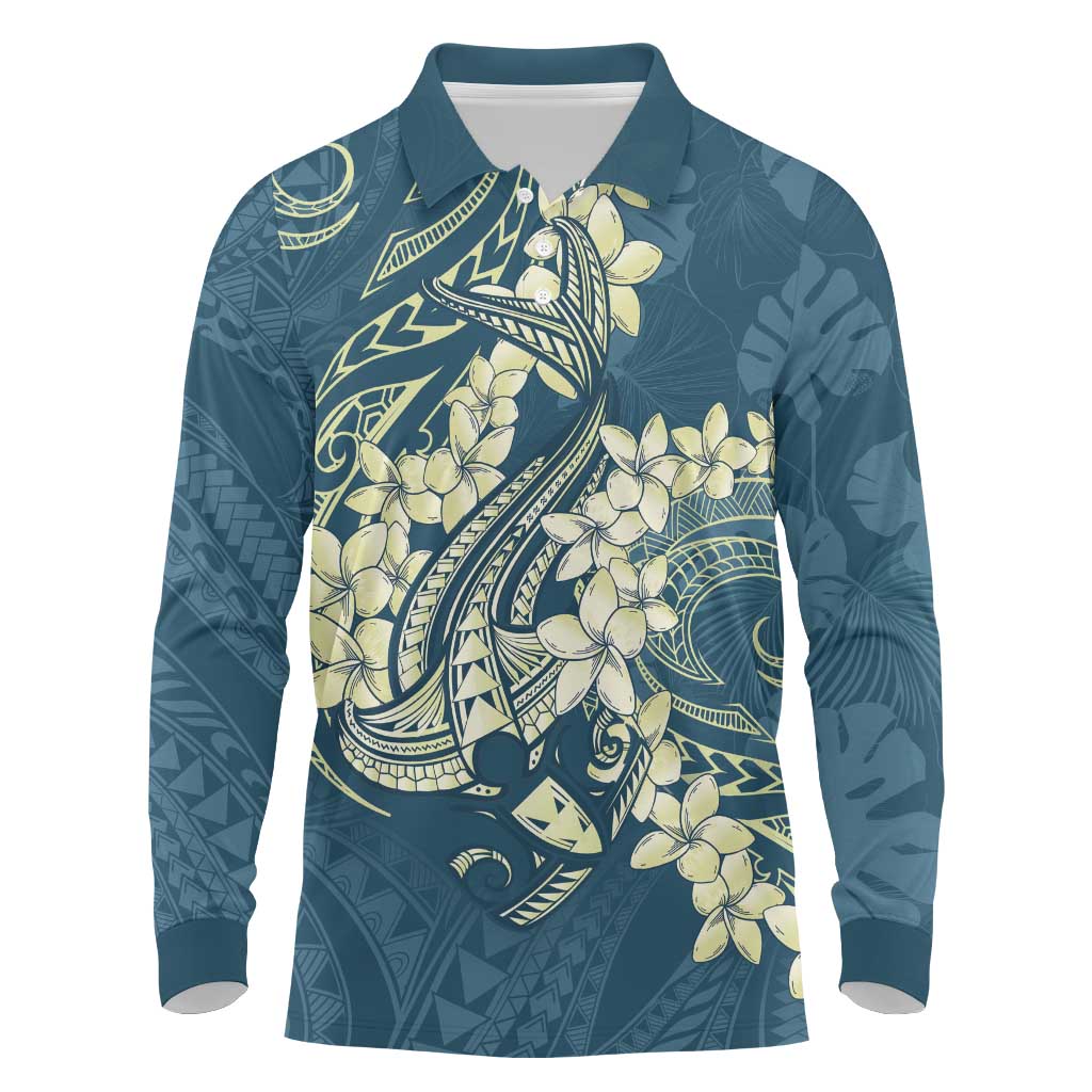 Cyan Polynesia Hammerhead Shark Tattoo With Plumeria Lei Long Sleeve Polo Shirt LT14 Cyan - Polynesian Pride