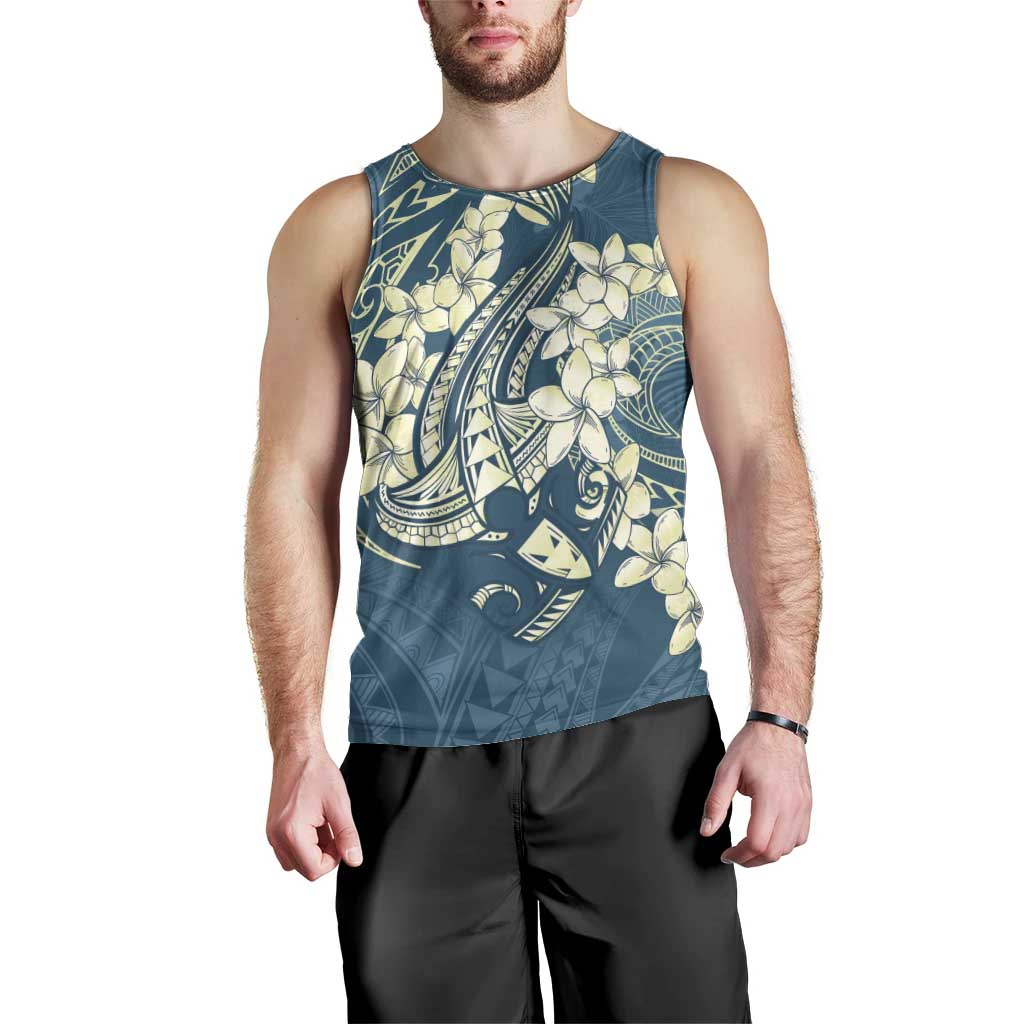 Cyan Polynesia Hammerhead Shark Tattoo With Plumeria Lei Men Tank Top