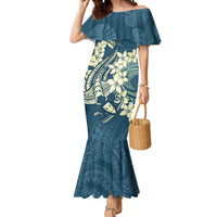 Cyan Polynesia Hammerhead Shark Tattoo With Plumeria Lei Mermaid Dress