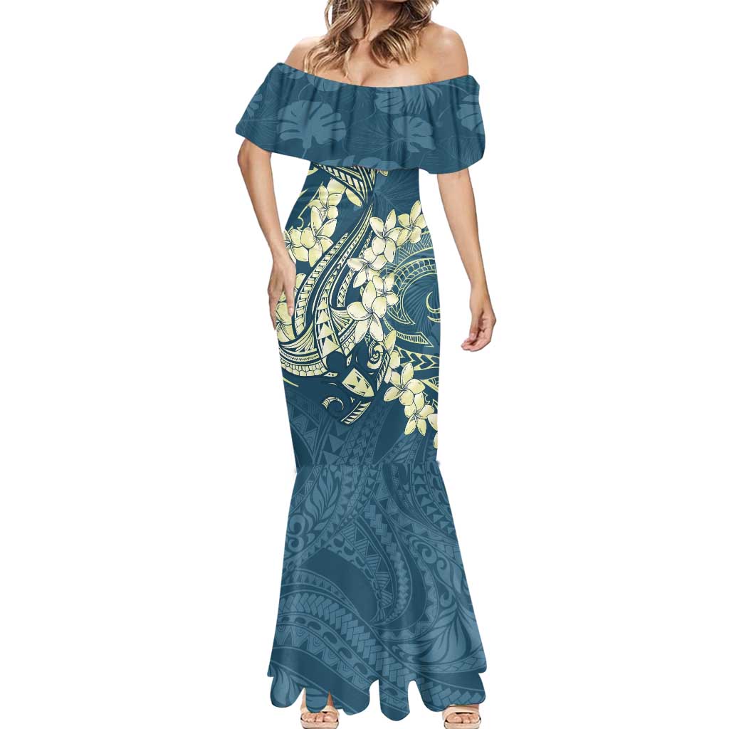 Cyan Polynesia Hammerhead Shark Tattoo With Plumeria Lei Mermaid Dress