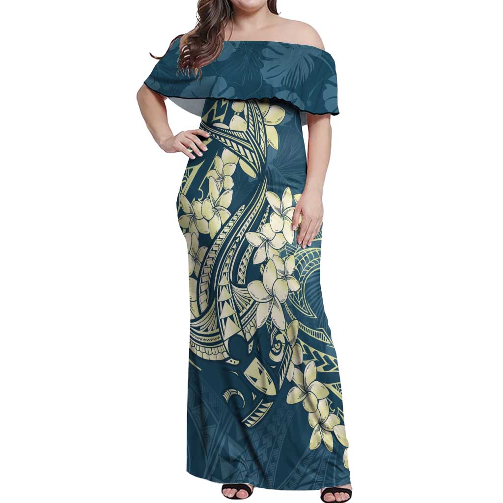 Cyan Polynesia Hammerhead Shark Tattoo With Plumeria Lei Off Shoulder Maxi Dress
