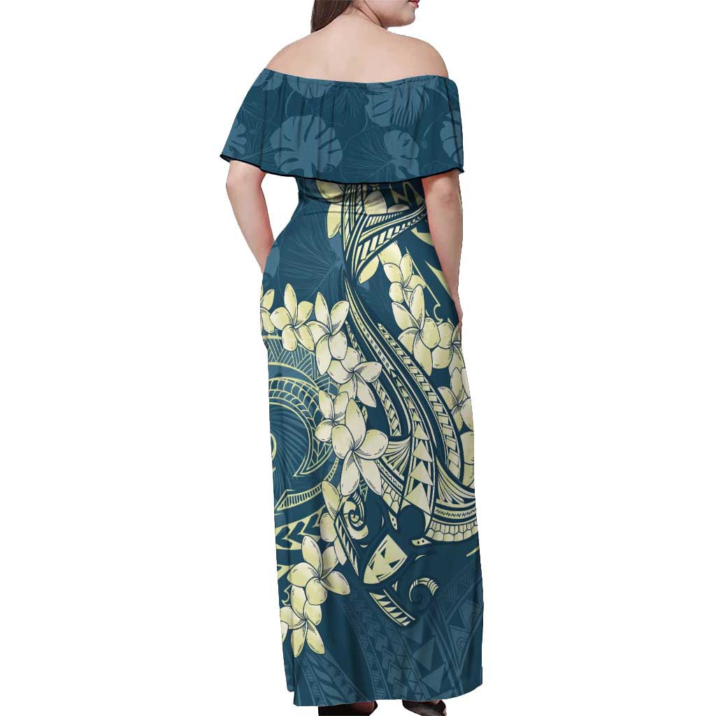 Cyan Polynesia Hammerhead Shark Tattoo With Plumeria Lei Off Shoulder Maxi Dress