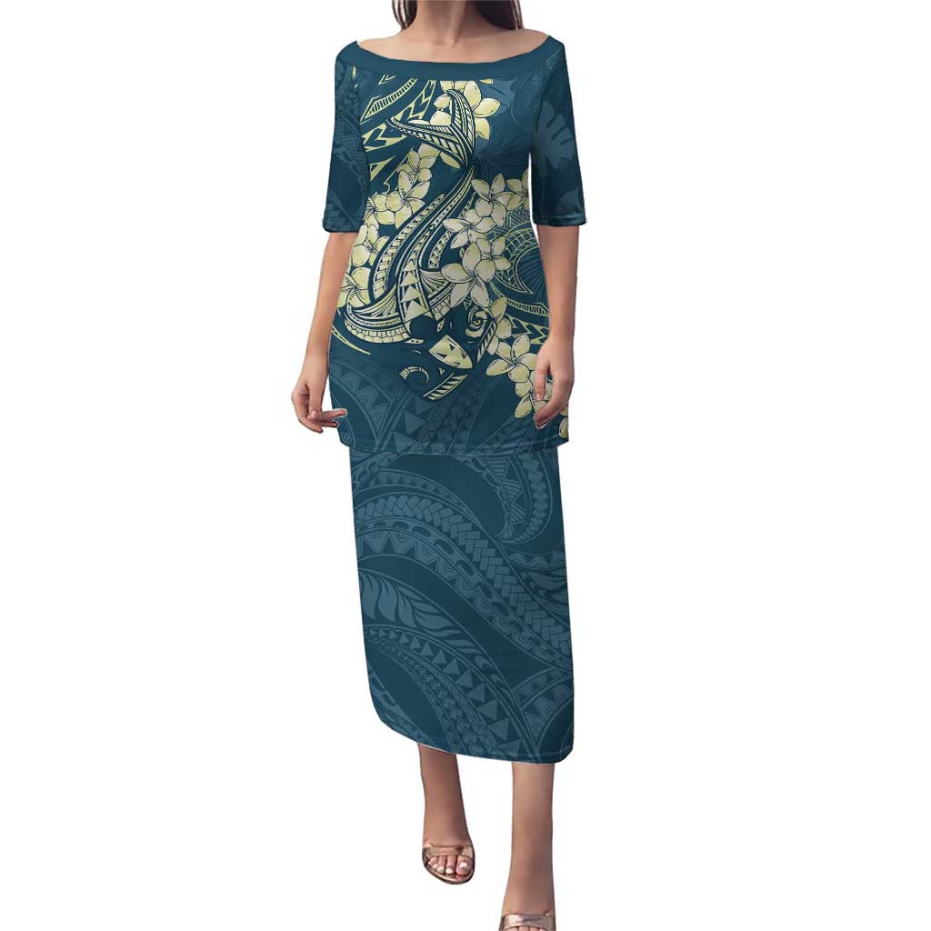 Cyan Polynesia Hammerhead Shark Tattoo With Plumeria Lei Puletasi