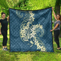 Cyan Polynesia Hammerhead Shark Tattoo With Plumeria Lei Quilt