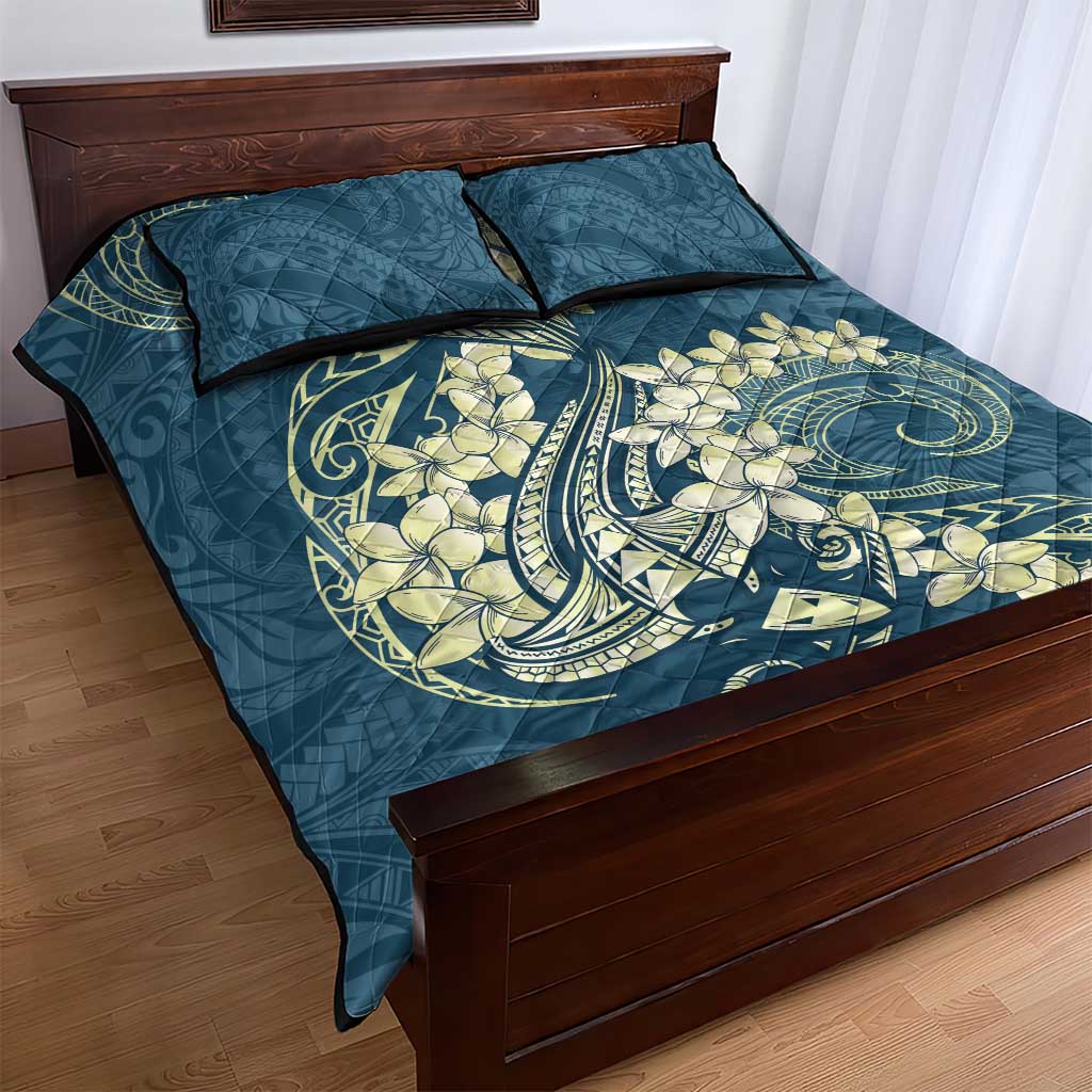 Cyan Polynesia Hammerhead Shark Tattoo With Plumeria Lei Quilt Bed Set