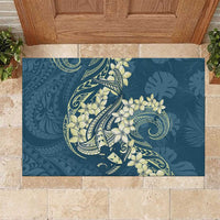 Cyan Polynesia Hammerhead Shark Tattoo With Plumeria Lei Rubber Doormat