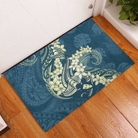 Cyan Polynesia Hammerhead Shark Tattoo With Plumeria Lei Rubber Doormat