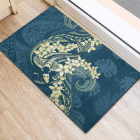 Cyan Polynesia Hammerhead Shark Tattoo With Plumeria Lei Rubber Doormat