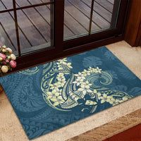 Cyan Polynesia Hammerhead Shark Tattoo With Plumeria Lei Rubber Doormat