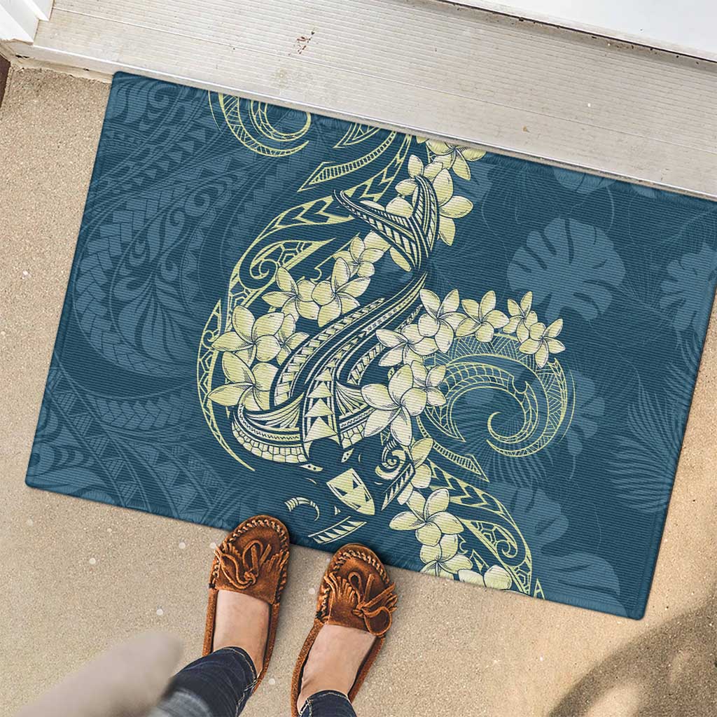 Cyan Polynesia Hammerhead Shark Tattoo With Plumeria Lei Rubber Doormat