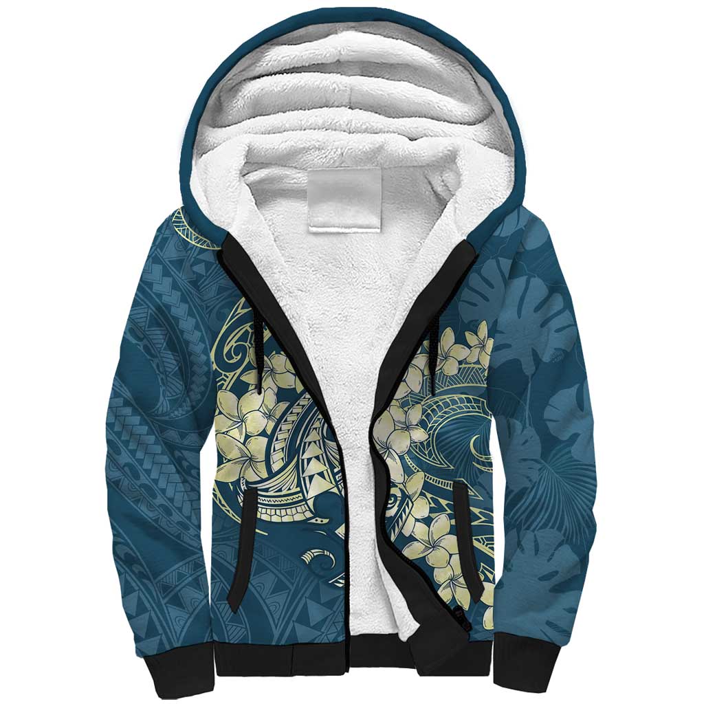 Cyan Polynesia Hammerhead Shark Tattoo With Plumeria Lei Sherpa Hoodie