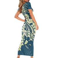 Cyan Polynesia Hammerhead Shark Tattoo With Plumeria Lei Short Sleeve Bodycon Dress