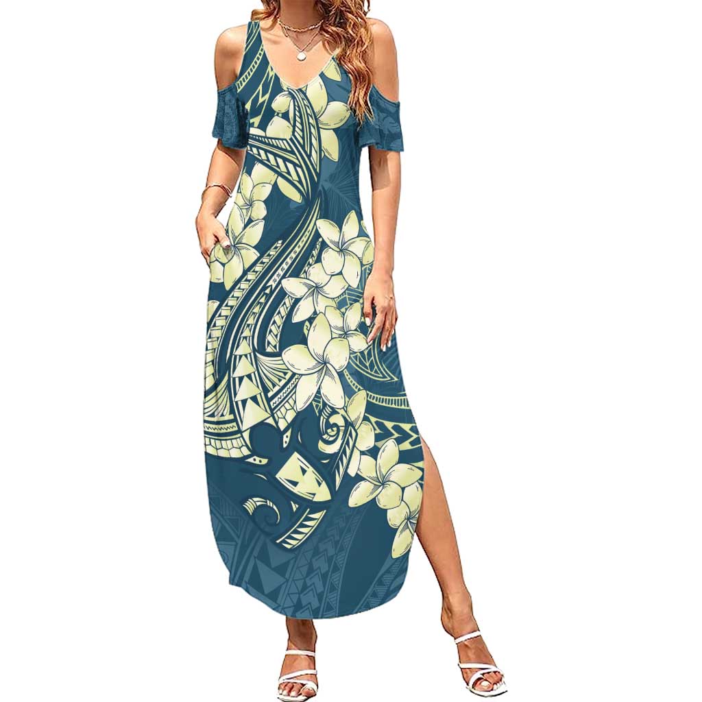 Cyan Polynesia Hammerhead Shark Tattoo With Plumeria Lei Summer Maxi Dress