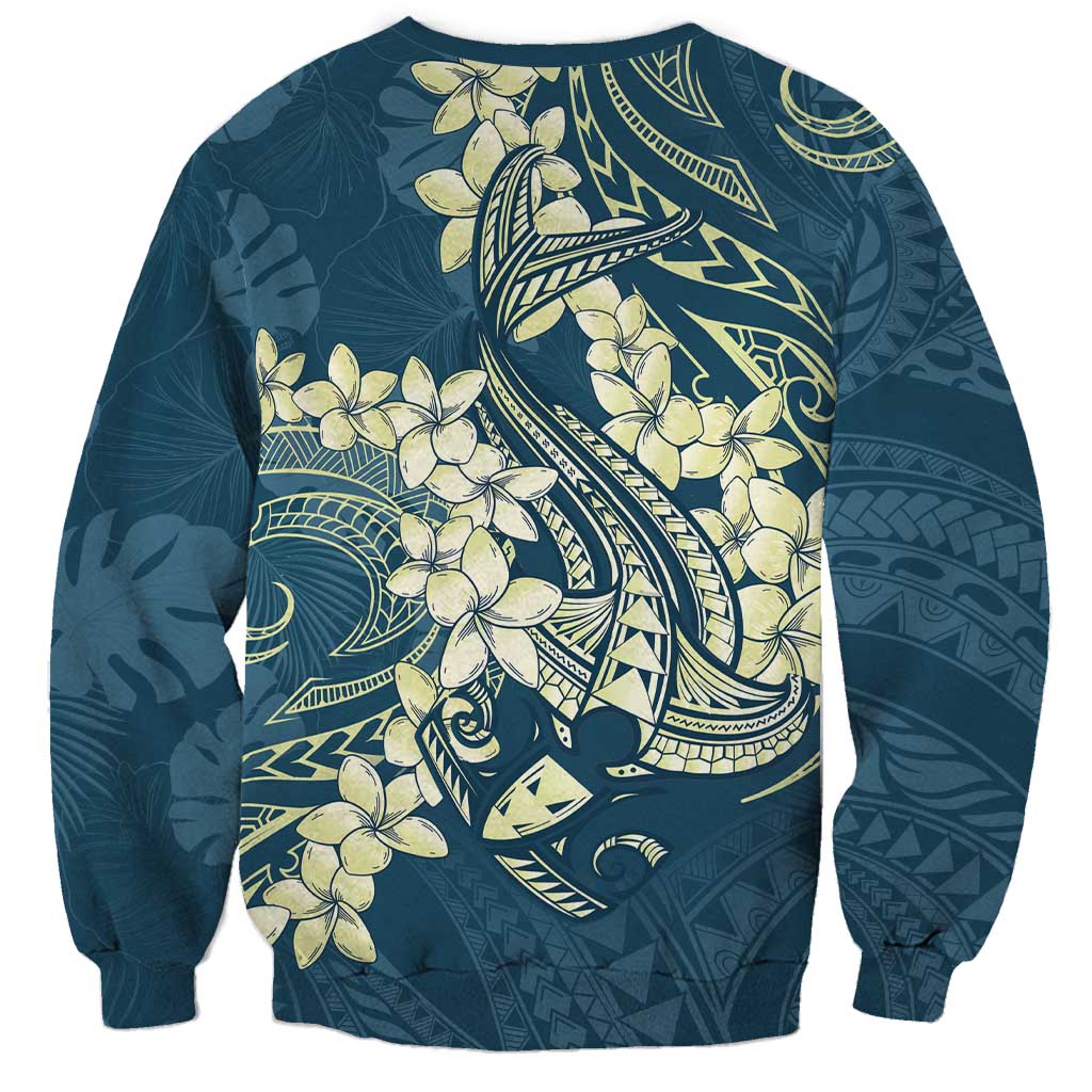 Cyan Polynesia Hammerhead Shark Tattoo With Plumeria Lei Sweatshirt