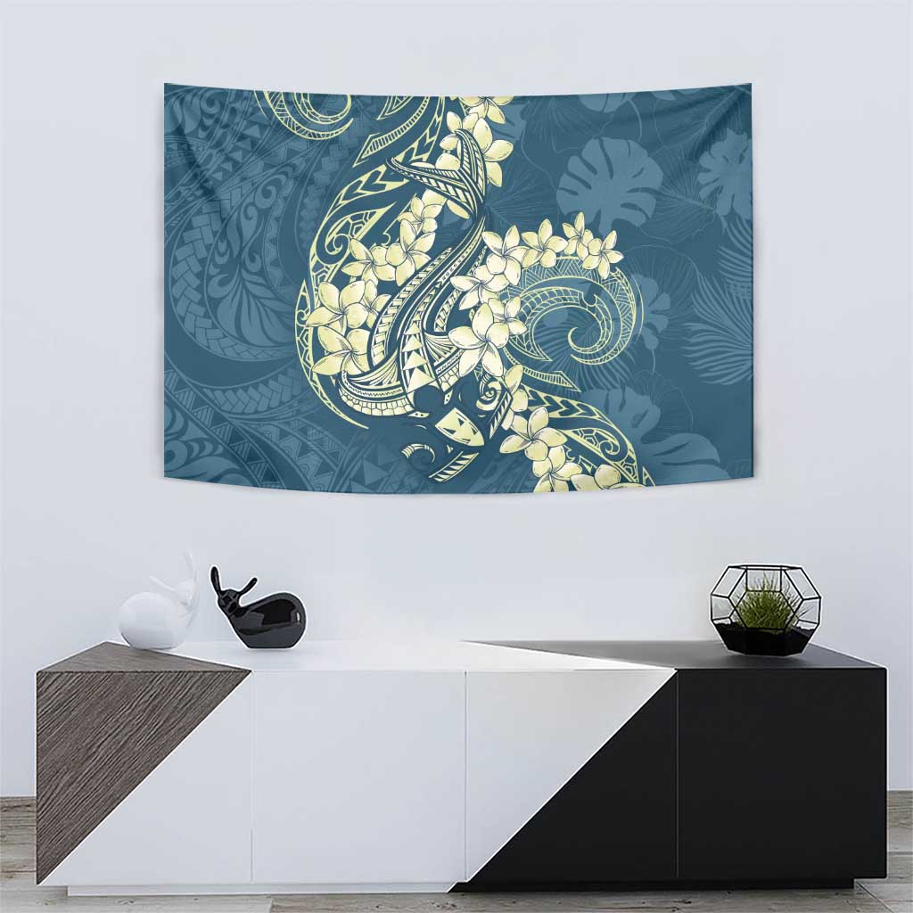 Cyan Polynesia Hammerhead Shark Tattoo With Plumeria Lei Tapestry