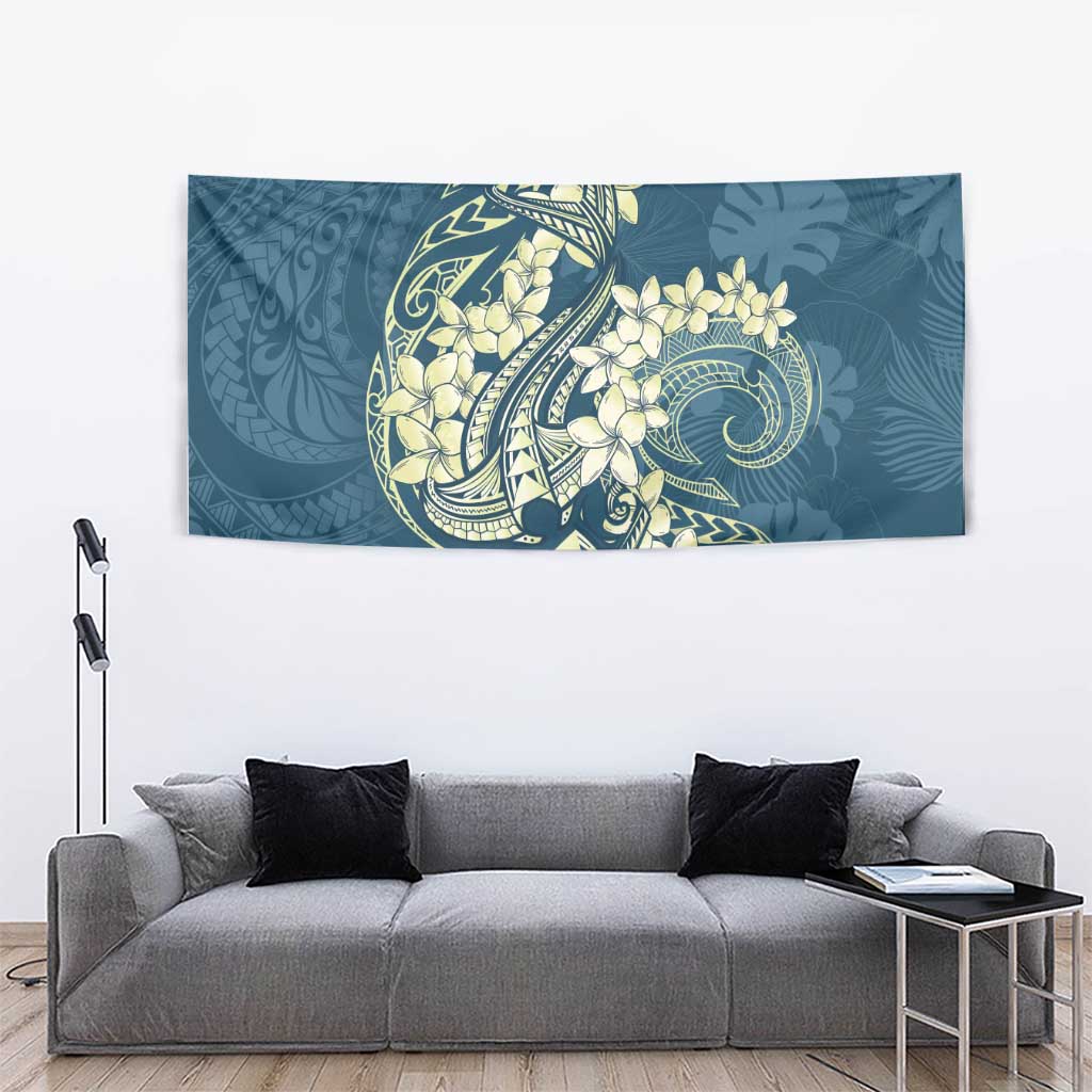 Cyan Polynesia Hammerhead Shark Tattoo With Plumeria Lei Tapestry