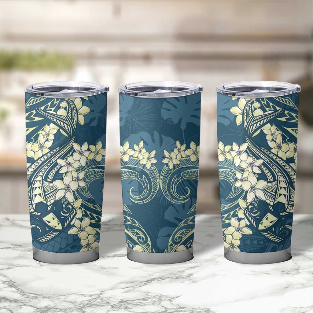Cyan Polynesia Hammerhead Shark Tattoo With Plumeria Lei Tumbler Cup