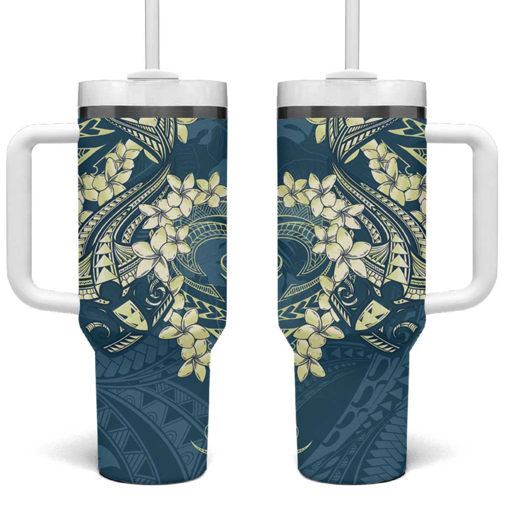 Cyan Polynesia Hammerhead Shark Tattoo With Plumeria Lei Tumbler With Handle LT14 One Size: 40 oz Cyan - Polynesian Pride
