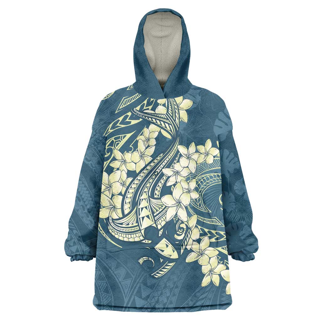 Cyan Polynesia Hammerhead Shark Tattoo With Plumeria Lei Wearable Blanket Hoodie