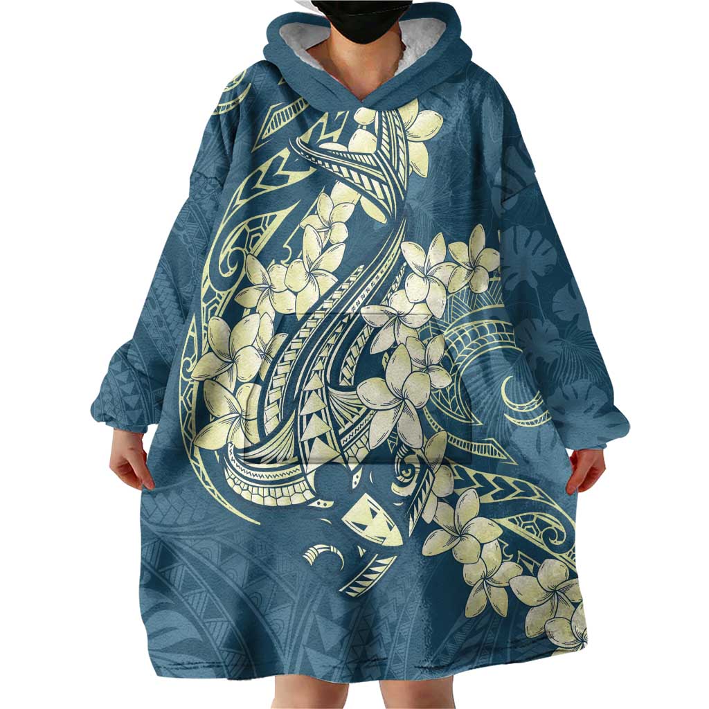Cyan Polynesia Hammerhead Shark Tattoo With Plumeria Lei Wearable Blanket Hoodie