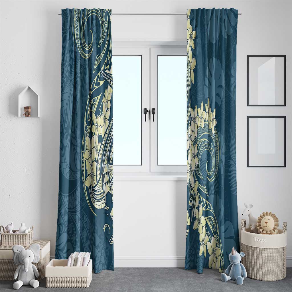 Cyan Polynesia Hammerhead Shark Tattoo With Plumeria Lei Window Curtain