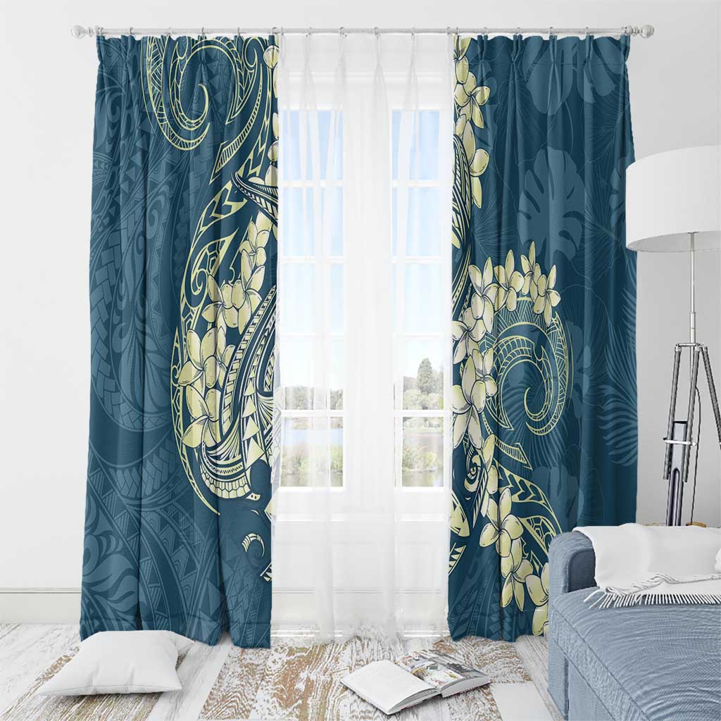 Cyan Polynesia Hammerhead Shark Tattoo With Plumeria Lei Window Curtain