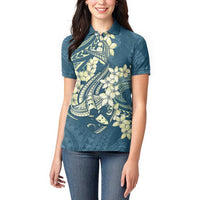 Cyan Polynesia Hammerhead Shark Tattoo With Plumeria Lei Women Polo Shirt