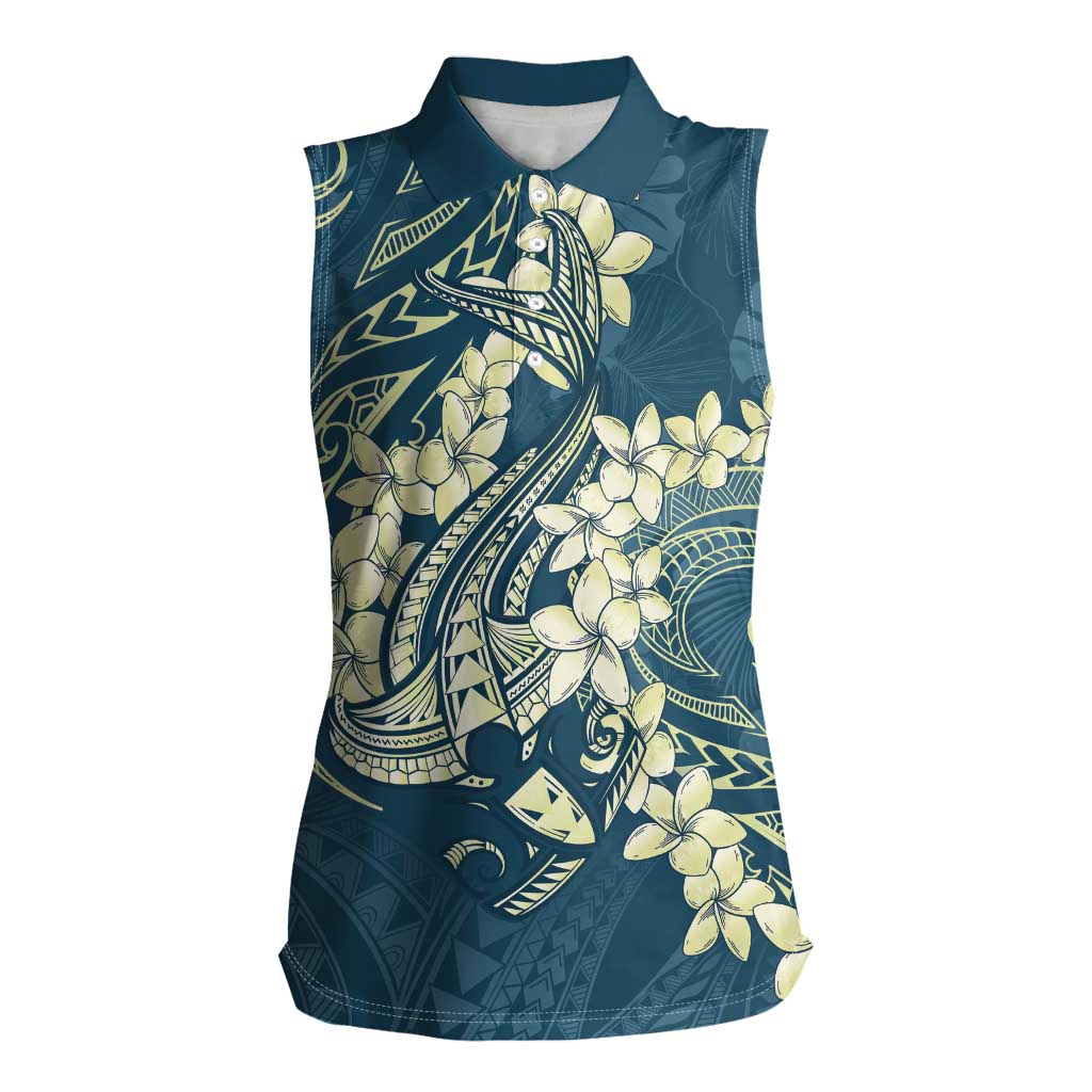 Cyan Polynesia Hammerhead Shark Tattoo With Plumeria Lei Women Sleeveless Polo Shirt LT14 Female Cyan - Polynesian Pride