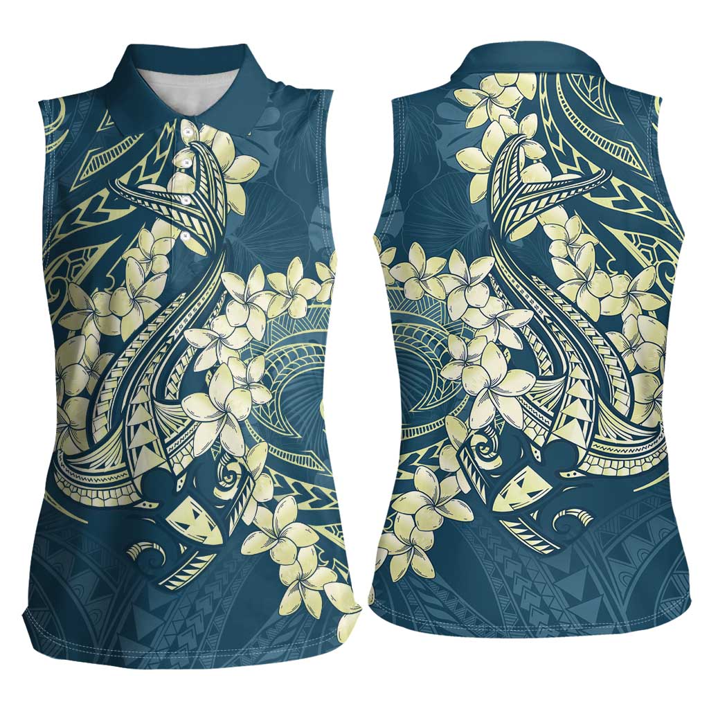 Cyan Polynesia Hammerhead Shark Tattoo With Plumeria Lei Women Sleeveless Polo Shirt LT14 - Polynesian Pride