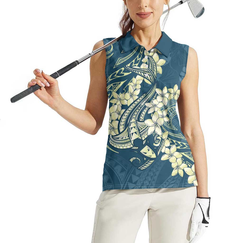 Cyan Polynesia Hammerhead Shark Tattoo With Plumeria Lei Women Sleeveless Polo Shirt LT14 - Polynesian Pride