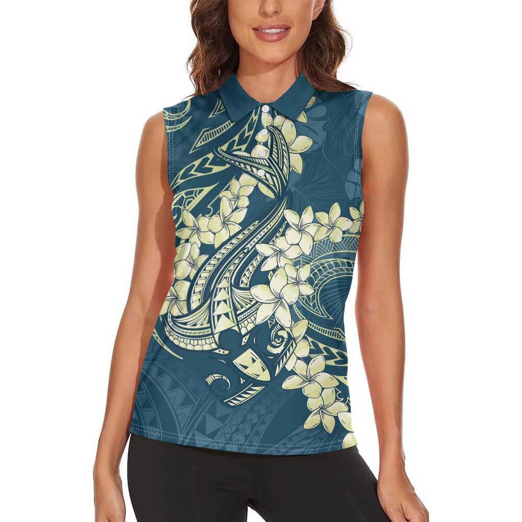 Cyan Polynesia Hammerhead Shark Tattoo With Plumeria Lei Women Sleeveless Polo Shirt LT14 - Polynesian Pride