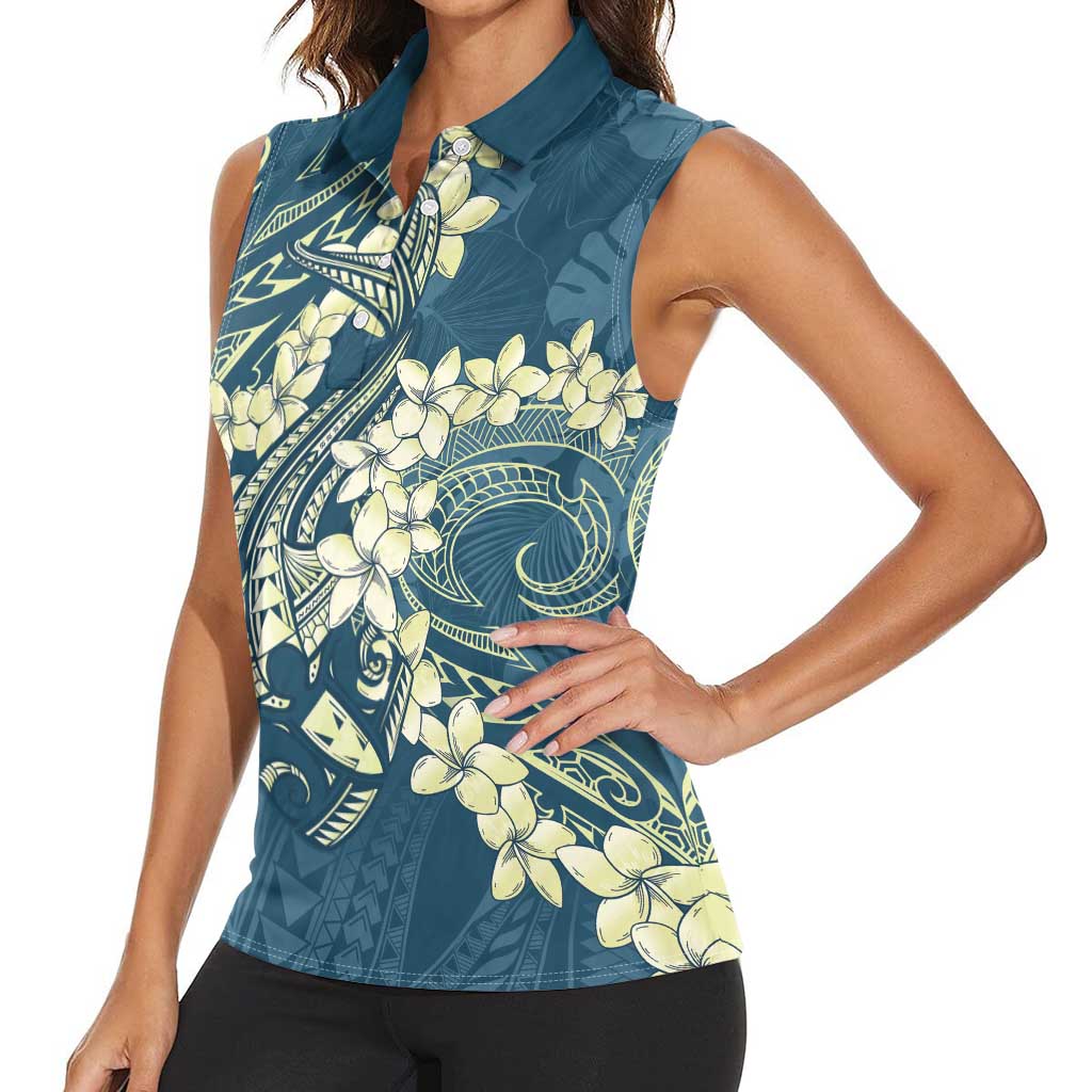 Cyan Polynesia Hammerhead Shark Tattoo With Plumeria Lei Women Sleeveless Polo Shirt LT14 - Polynesian Pride
