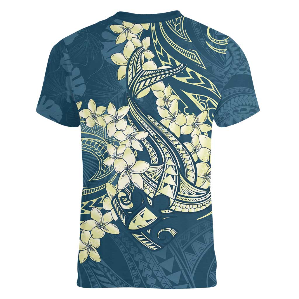 Cyan Polynesia Hammerhead Shark Tattoo With Plumeria Lei Women V-Neck T-Shirt LT14 - Polynesian Pride