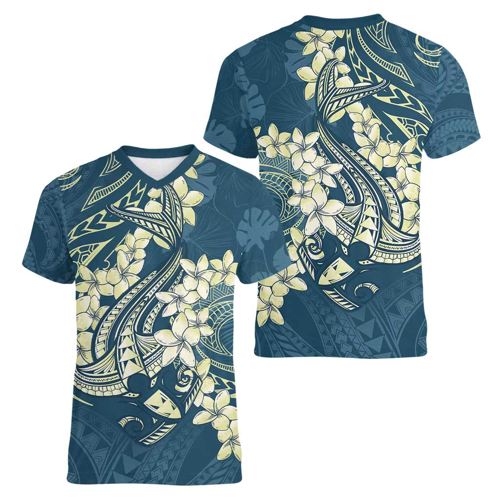 Cyan Polynesia Hammerhead Shark Tattoo With Plumeria Lei Women V-Neck T-Shirt LT14 - Polynesian Pride