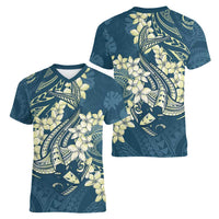 Cyan Polynesia Hammerhead Shark Tattoo With Plumeria Lei Women V-Neck T-Shirt LT14 - Polynesian Pride