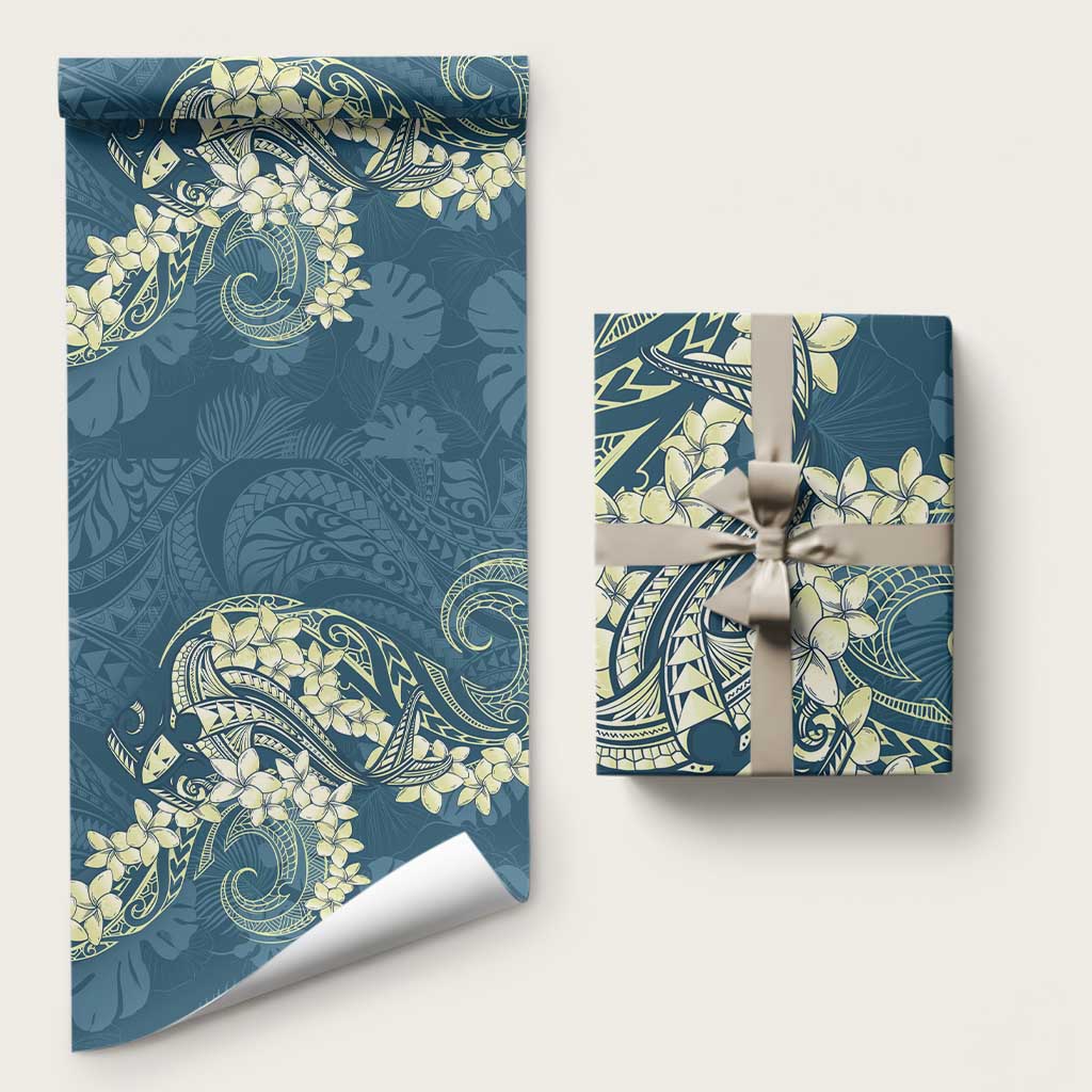 Cyan Polynesia Hammerhead Shark Tattoo With Plumeria Lei Wrapping Paper LT14 58" × 23" Cyan - Polynesian Pride