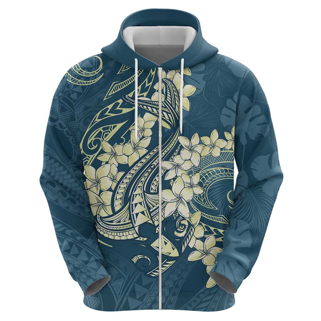 Cyan Polynesia Hammerhead Shark Tattoo With Plumeria Lei Zip Hoodie