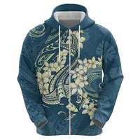 Cyan Polynesia Hammerhead Shark Tattoo With Plumeria Lei Zip Hoodie