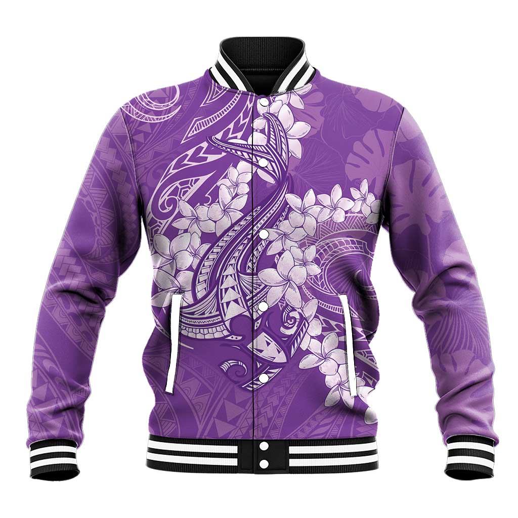 Purple Polynesia Hammerhead Shark Tattoo With Plumeria Lei Baseball Jacket