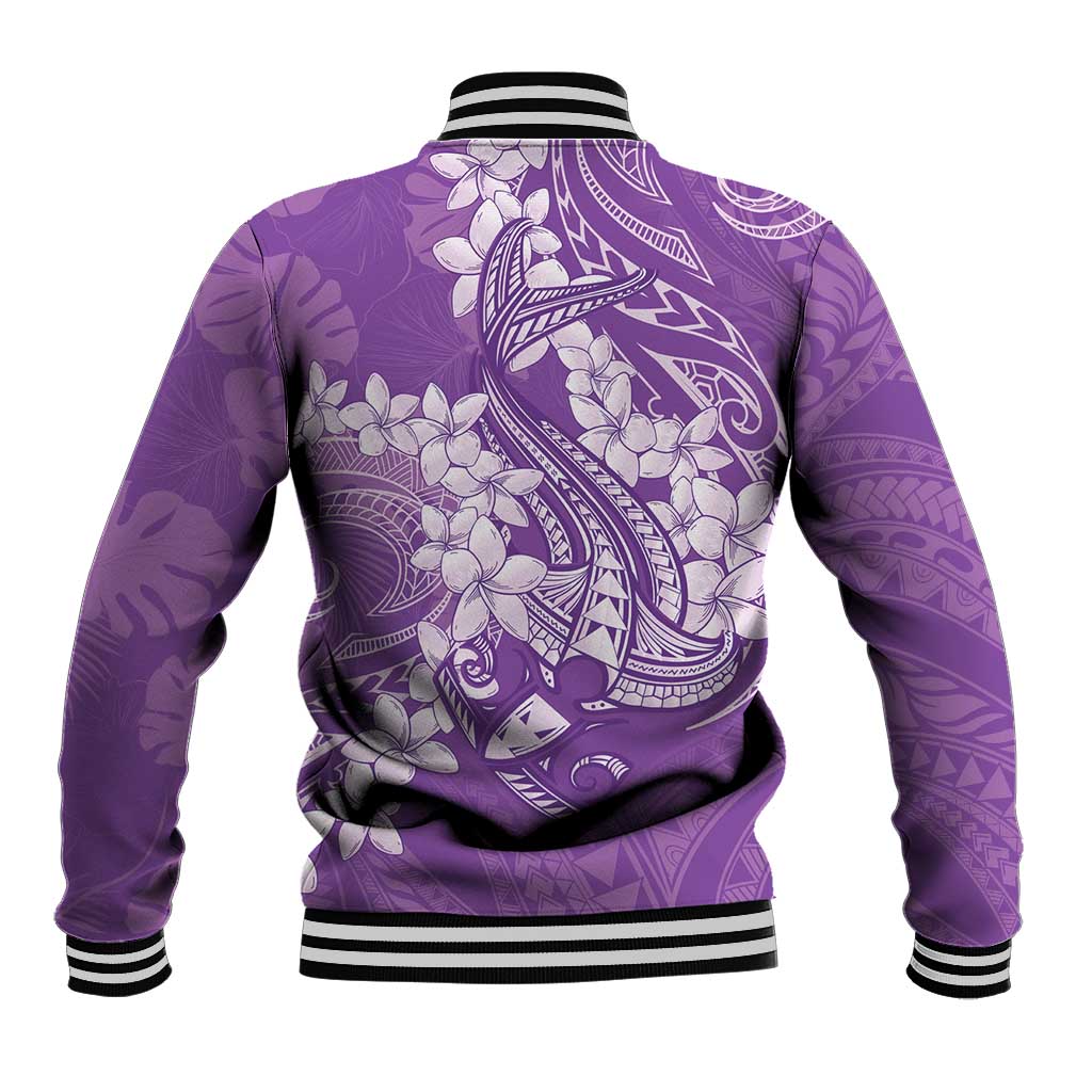 Purple Polynesia Hammerhead Shark Tattoo With Plumeria Lei Baseball Jacket