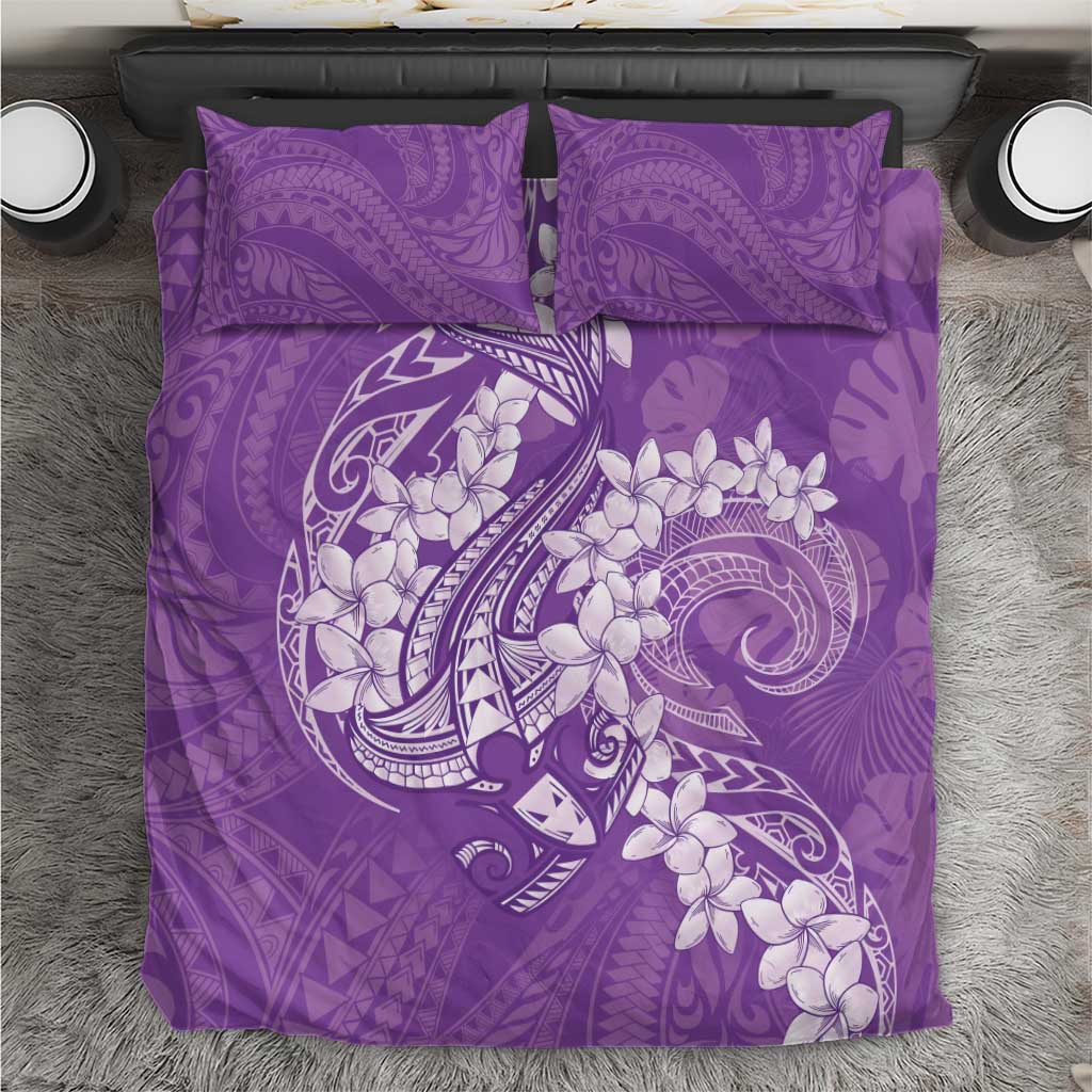 Purple Polynesia Hammerhead Shark Tattoo With Plumeria Lei Bedding Set