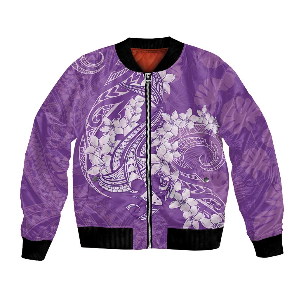 Purple Polynesia Hammerhead Shark Tattoo With Plumeria Lei Bomber Jacket LT14 Unisex Purple - Polynesian Pride