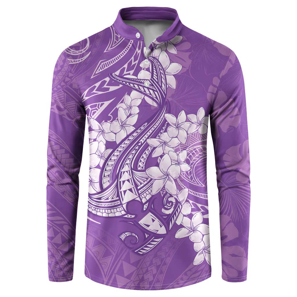 Purple Polynesia Hammerhead Shark Tattoo With Plumeria Lei Button Sweatshirt LT14 Purple - Polynesian Pride