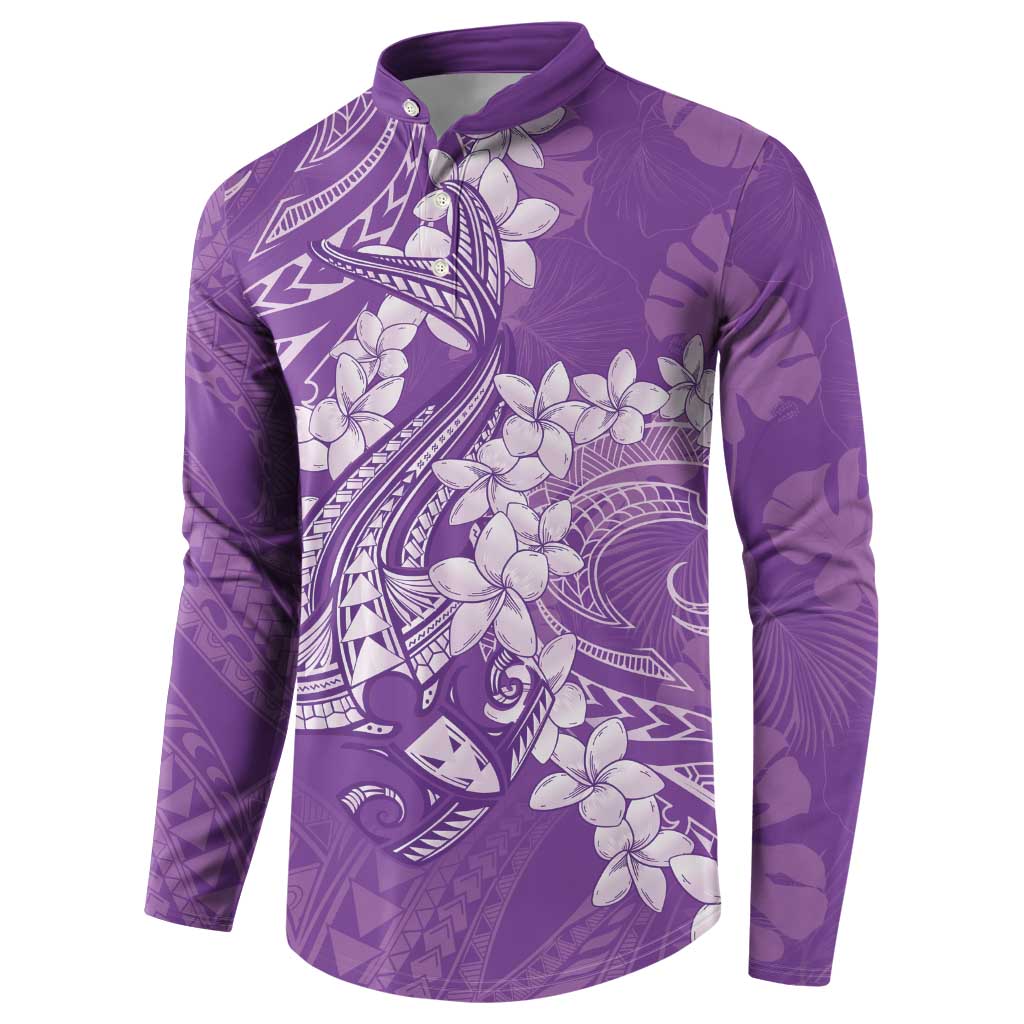 Purple Polynesia Hammerhead Shark Tattoo With Plumeria Lei Button Sweatshirt LT14 - Polynesian Pride