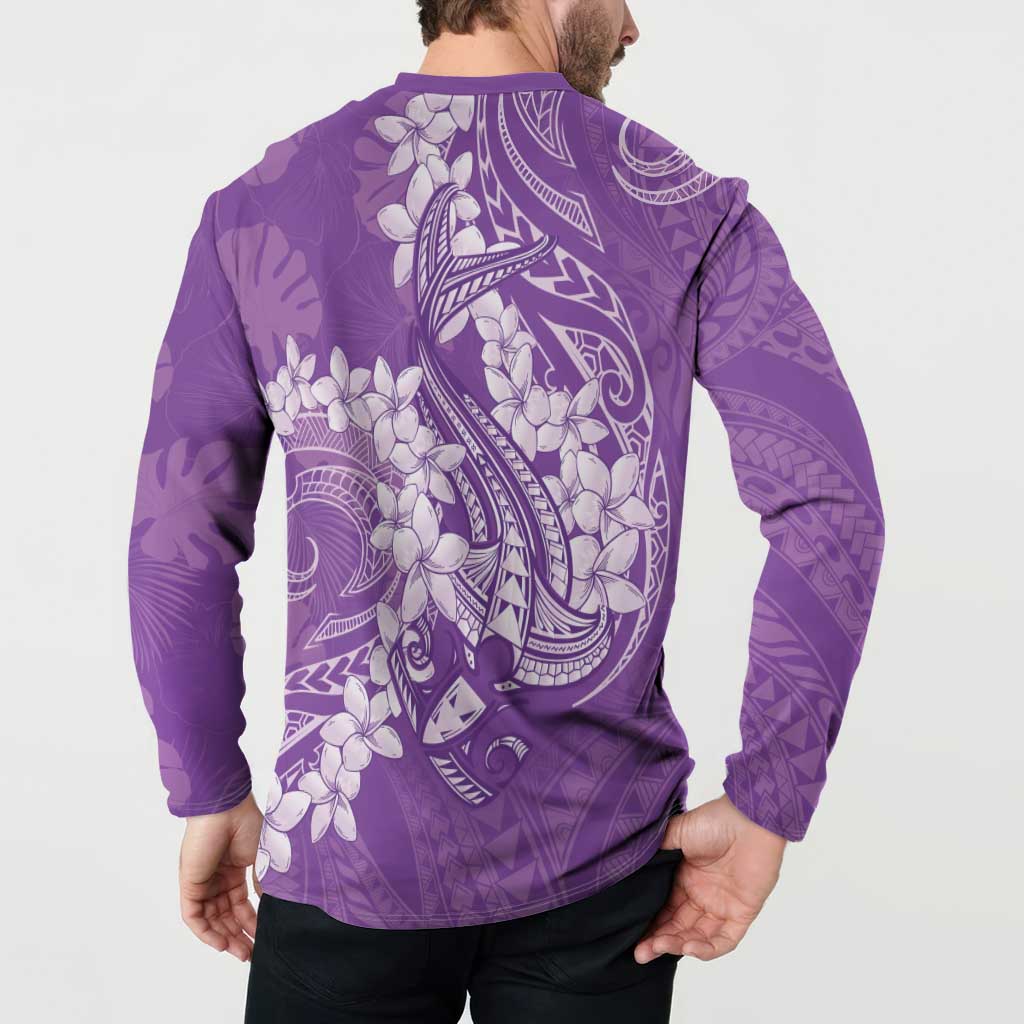 Purple Polynesia Hammerhead Shark Tattoo With Plumeria Lei Button Sweatshirt LT14 - Polynesian Pride