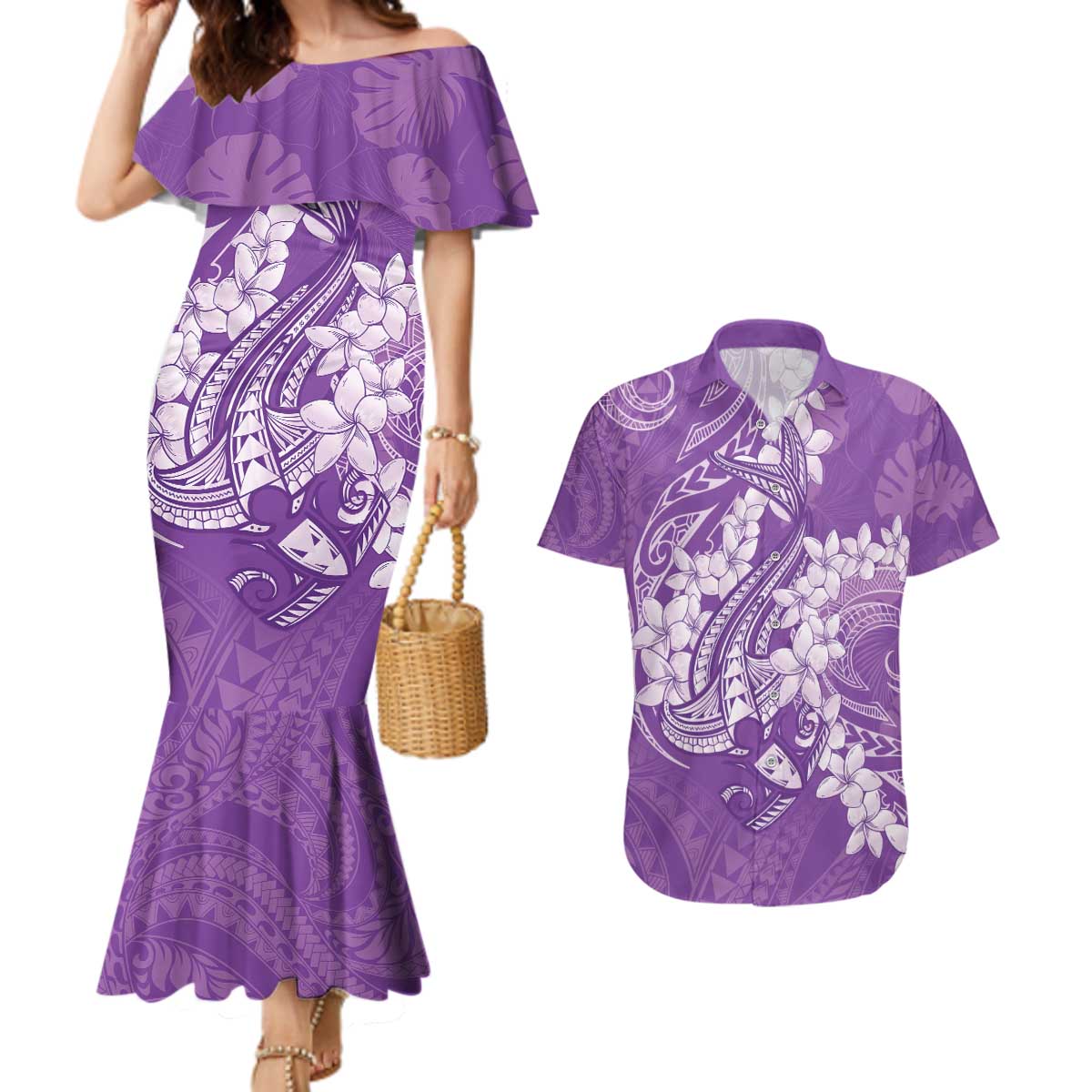 Purple Polynesia Hammerhead Shark Tattoo With Plumeria Lei Couples Matching Mermaid Dress and Hawaiian Shirt