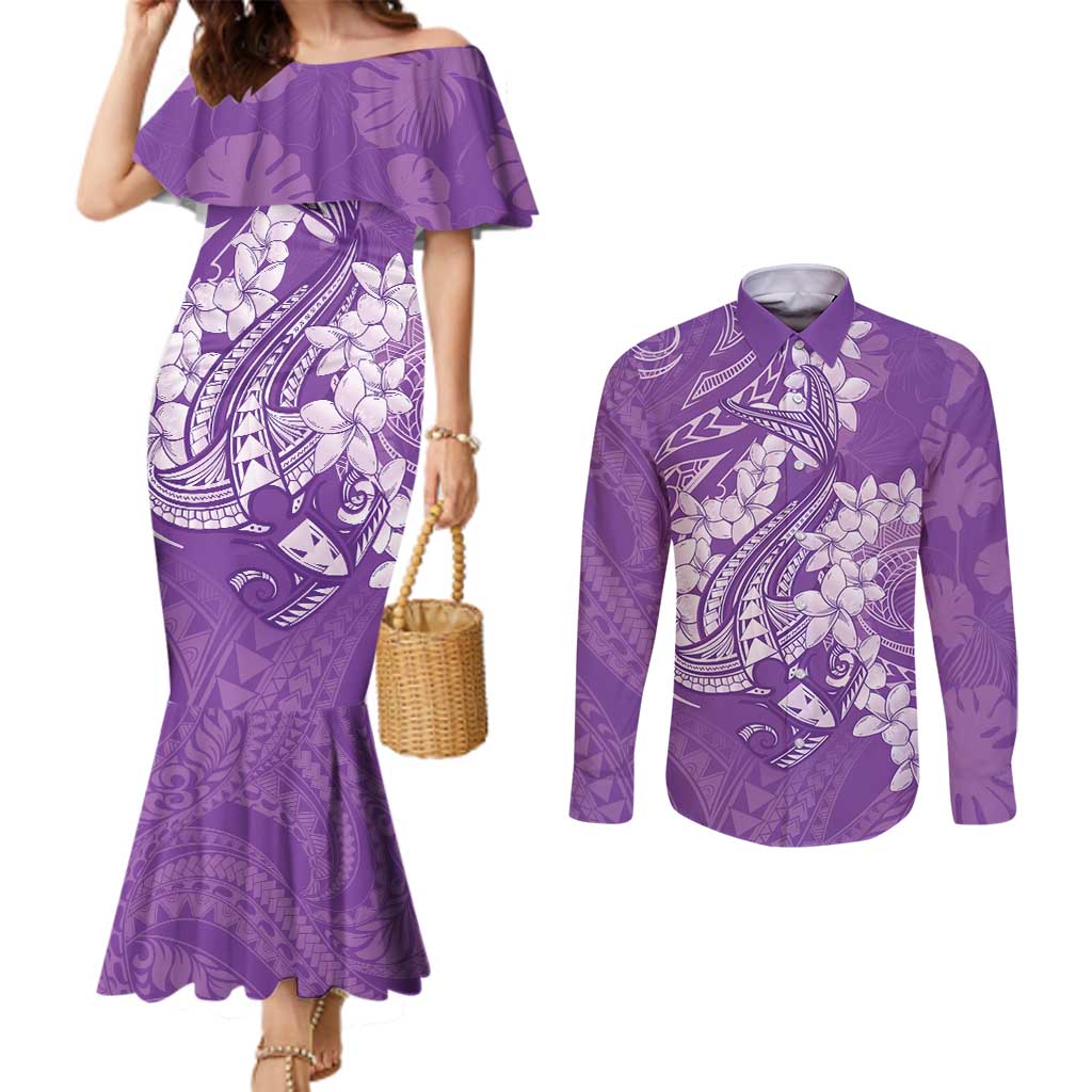 Purple Polynesia Hammerhead Shark Tattoo With Plumeria Lei Couples Matching Mermaid Dress and Long Sleeve Button Shirt LT14 Purple - Polynesian Pride